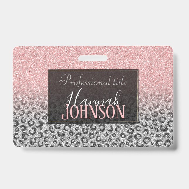  Elegant Rose Gold Silver Glitter Leopard Print ID Badge (Front)
