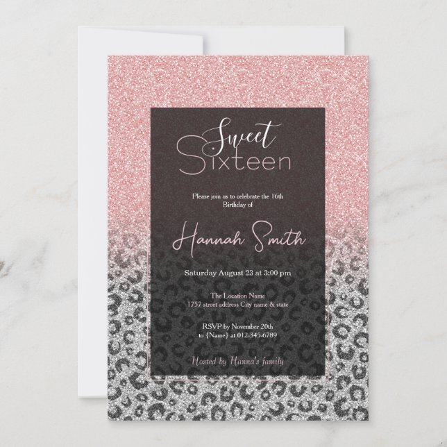 Elegant Rose Gold Silver Glitter Leopard Print Invitation (Front)