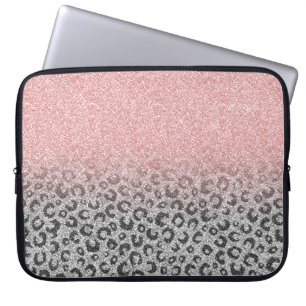  Elegant Rose Gold Silver Glitter Leopard Print Laptop Sleeve