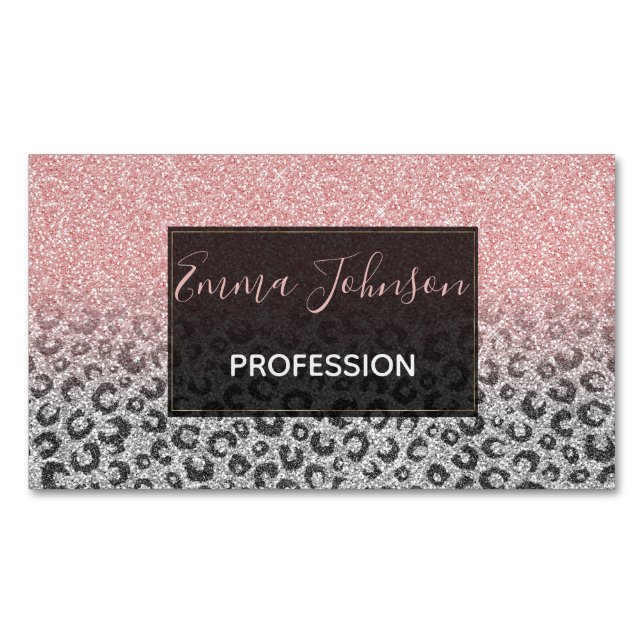  Elegant Rose Gold Silver Glitter Leopard Print Magnetic Business Card (Front)