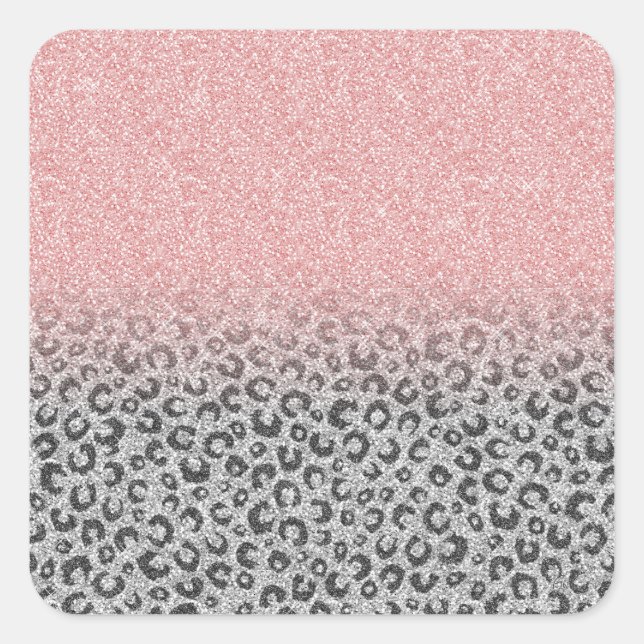  Elegant Rose Gold Silver Glitter Leopard Print Square Sticker (Front)