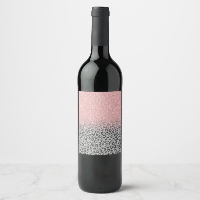  Elegant Rose Gold Silver Glitter Leopard Print Wine Label (Front)