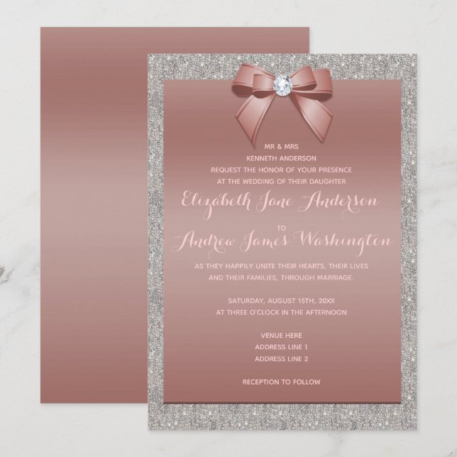 Elegant Rose Gold & Silver Glitter Wedding Invitation (Front/Back)