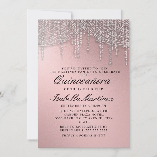 Elegant Rose Gold Silver String Lights Quinceañera Invitation (Front)