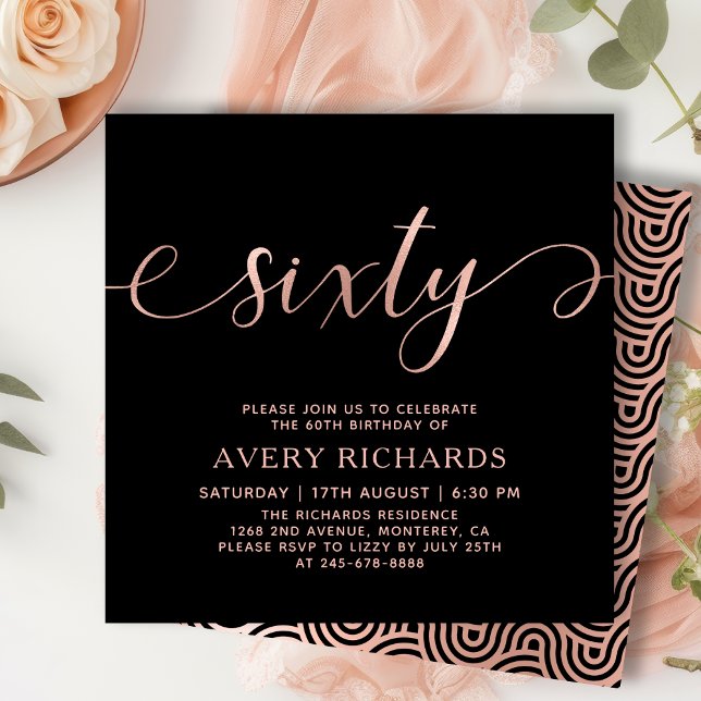 Elegant Rose Gold Sixty Script Black 60th Birthday Invitation (Creator Uploaded)