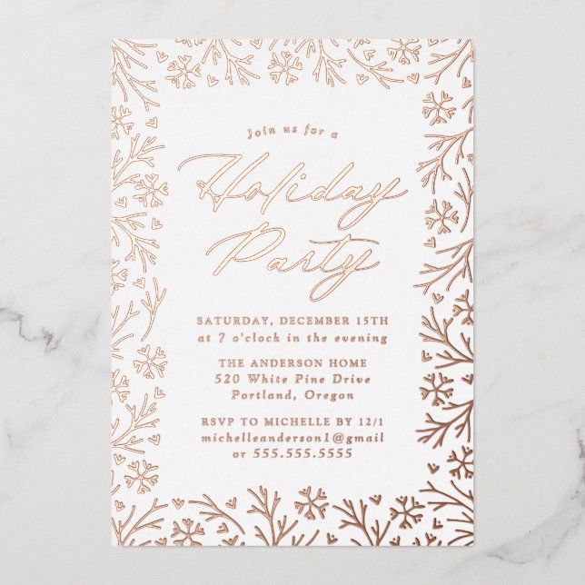Elegant Rose Gold Snowflake Holiday Party (Front)