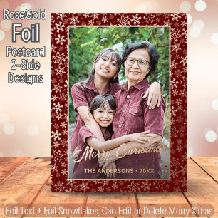 Elegant Rose Gold Snowflakes Photo Frame Burgundy Foil Holiday Postcard