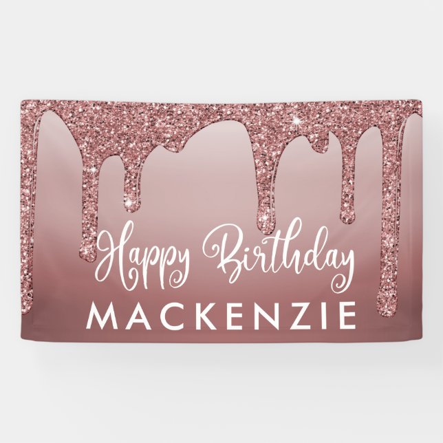 Elegant Rose Gold Sparkle Glitter Drips Birthday Banner (Horizontal)