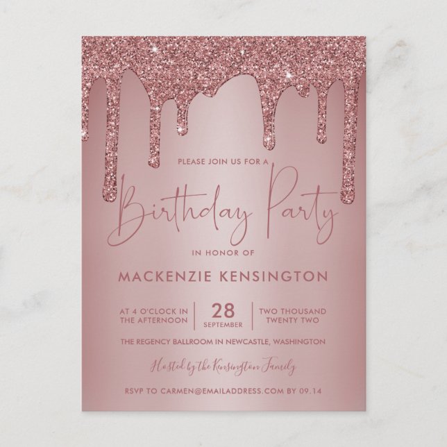 Elegant Rose Gold Sparkle Glitter Drips Birthday Postcard (Front)