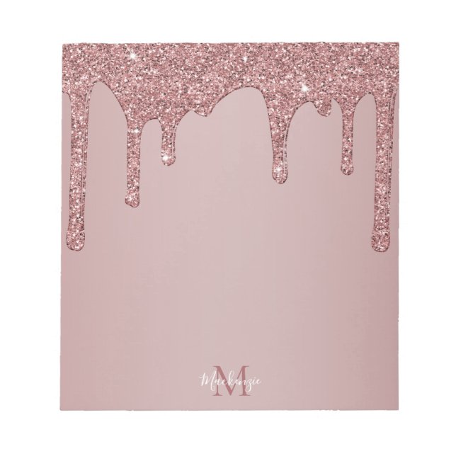Elegant Rose Gold Sparkle Glitter Drips Monogram Notepad (Front)