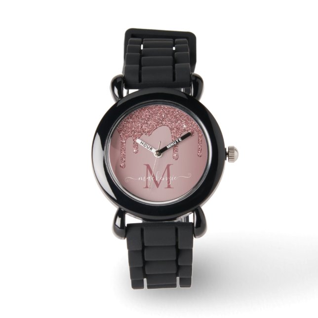 Elegant Rose Gold Sparkle Glitter Drips Monogram Watch (Front)
