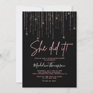 Elegant Rose Gold Sparkling She did it Graduation Invitation