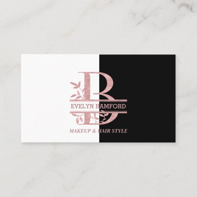 Elegant Rose Gold Split Custom Monogram Letter B Business Card (Front)