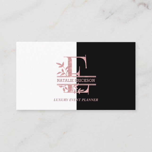 Elegant Rose Gold Split Custom Monogram Letter E Business Card (Front)