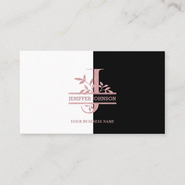 Elegant Rose Gold Split Custom Monogram Letter J Business Card (Front)