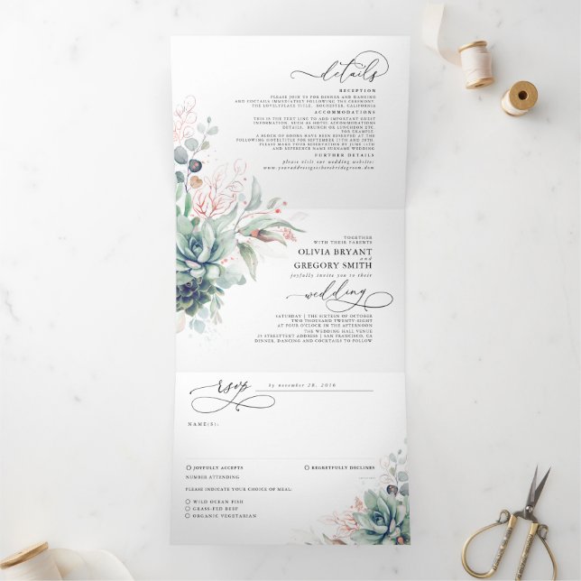 Elegant Rose Gold Succulents Greenery Wedding Tri-Fold Invitation (Inside)