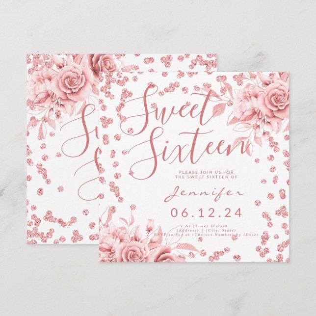 Elegant Rose Gold Sweet 16 Glitter Confetti Floral Invitation (Front/Back)