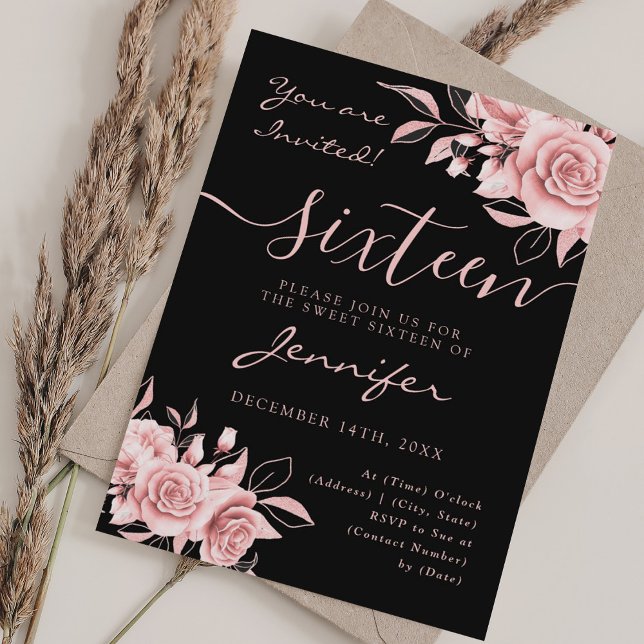 Elegant Rose Gold Sweet 16 Glitter Floral Black Invitation (Elegant Rose Gold Sweet 16 Glitter Floral Black Invitation)