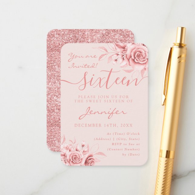 Elegant Rose Gold Sweet 16 Glitter Floral Blush  Enclosure Card (Front/Back In Situ)