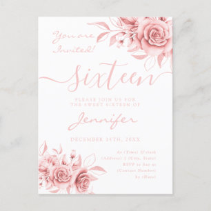Elegant Rose Gold Sweet 16 Glitter Floral Invitati Announcement Postcard