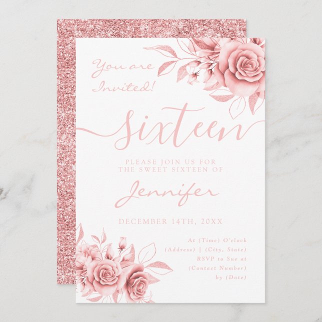 Elegant Rose Gold Sweet 16 Glitter Floral Invitation (Front/Back)