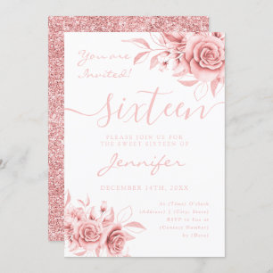 Elegant Rose Gold Sweet 16 Glitter Floral Invitation