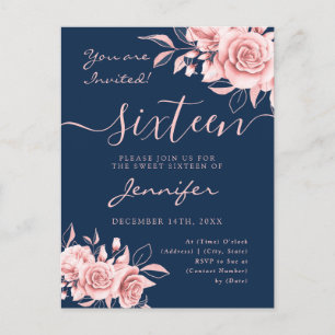 Elegant Rose Gold Sweet 16 Glitter Floral Navy Announcement Postcard