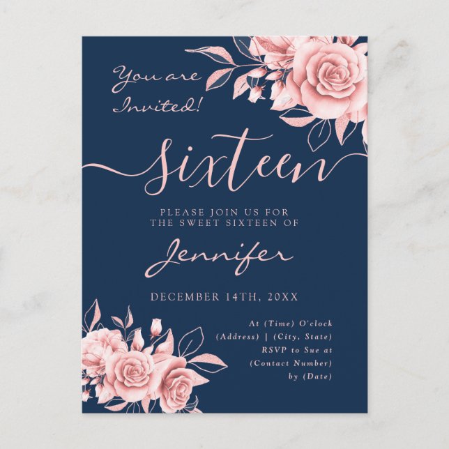 Elegant Rose Gold Sweet 16 Glitter Floral Navy  Announcement Postcard (Front)