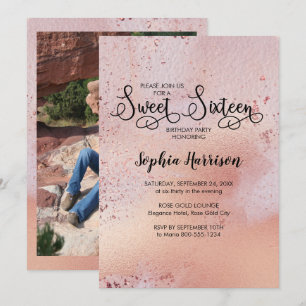 Elegant Rose Gold Sweet 16 Photo Invitation