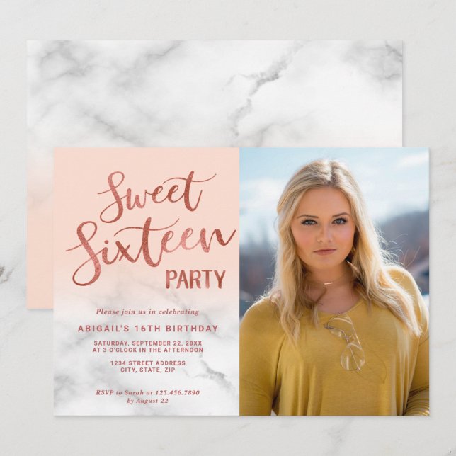Elegant rose gold sweet sixteen birthday party invitation (Front/Back)