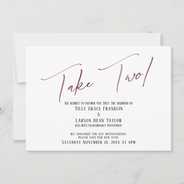 Elegant Rose Gold Take Two Postponed Wedding Invitation (Front)