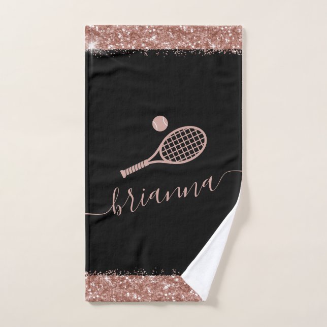 Elegant Rose Gold Tennis Pink Glitter Name Hand Towel (Hand Towel)