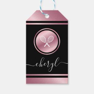 Elegant Rose Gold Tennis Rackets & Girls Kids Name Gift Tags