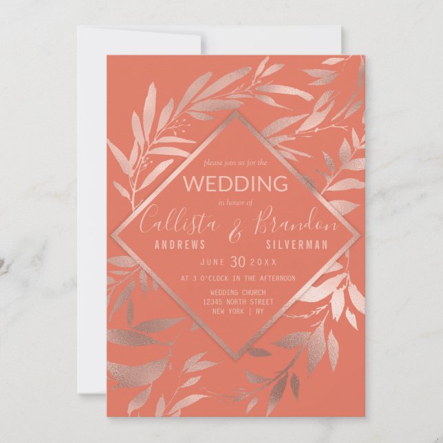 Elegant Rose Gold Terracotta Floral Leaves Wedding Invitation (Front)