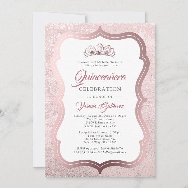 Elegant Rose Gold Tiara Quinceañera  Invitation (Front)