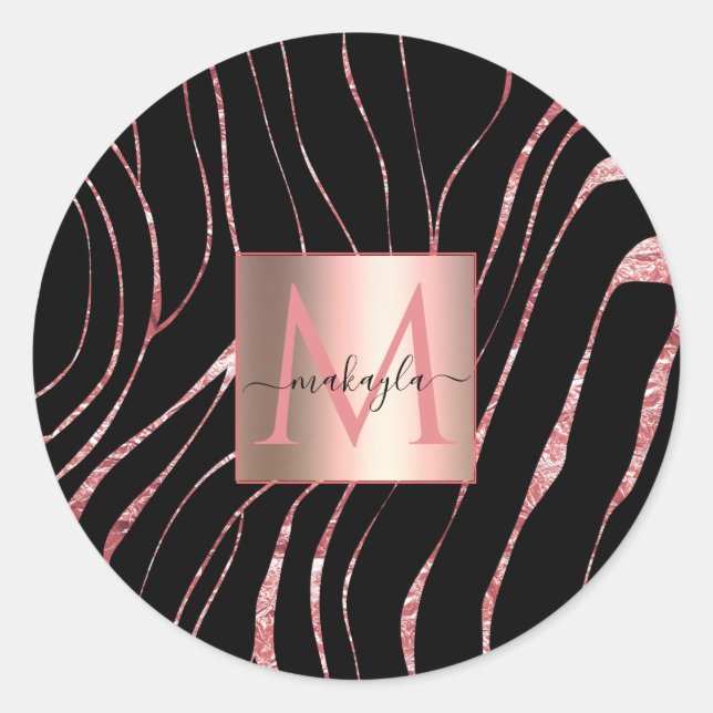 Elegant Rose Gold Tiger Striped Black Classic Round Sticker (Front)