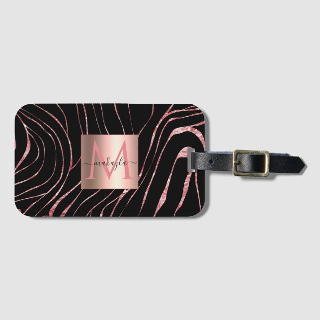 Elegant Rose Gold Tiger Striped Black Luggage Tag (Front Horizontal)