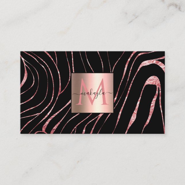 Elegant Rose Gold Tiger Striped Print Black Business Card (Front)