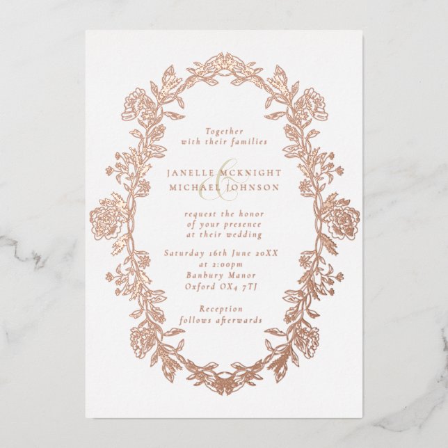 Elegant Rose Gold Toile Floral Wreath Wedding (Front)
