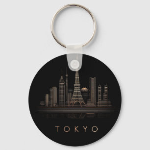 Elegant Rose Gold Tokyo City Skyline Illustration Key Ring