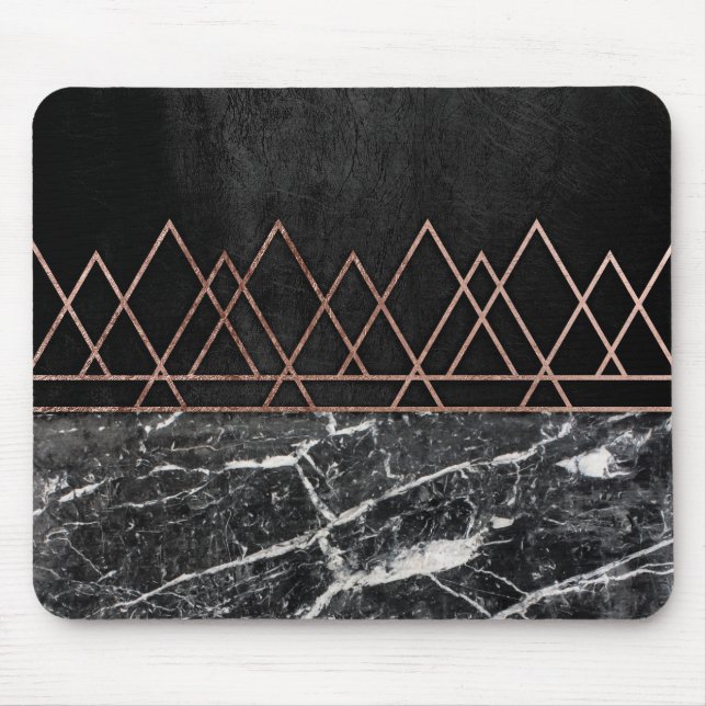 Elegant Rose Gold Triangles & Black & White Marble Mouse Mat (Front)