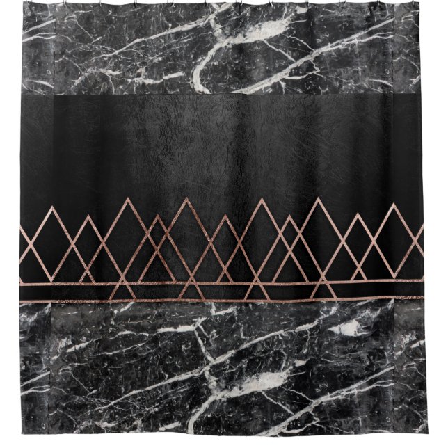 Elegant Rose Gold Triangles & Black & White Marble Shower Curtain (Front)