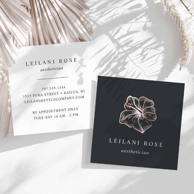 Elegant Rose Gold Tropical Hibiscus Flower Square Business Card (Creator Uploaded)