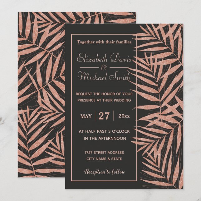 Elegant rose gold Tropical leaves wedding artwork Invitation (Front/Back)