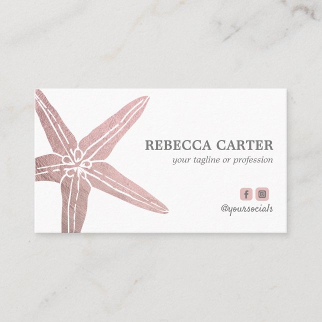 Elegant ROSE Gold Tropical Starfish Beach Coastal Business Card (Front)