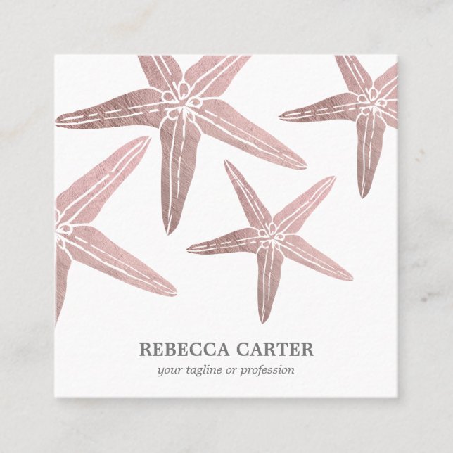 Elegant ROSE Gold Tropical Starfish Beach Coastal Square Business Card (Front)