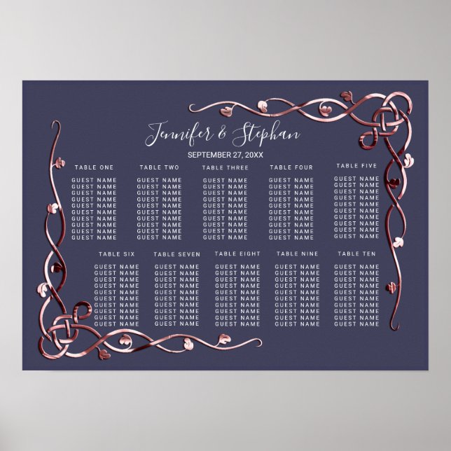 Elegant Rose Gold Vines Navy Blue Seating Chart (Front)