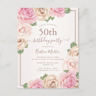 Elegant Rose Gold Watercolor Floral 50th Birthday Invitation Postcard