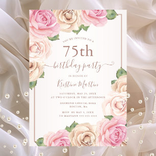 Elegant Rose Gold Watercolor Floral 75th Birthday Invitation