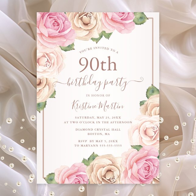 Elegant Rose Gold Watercolor Floral 90th Birthday Invitation (90th birthday party invitation with pink roses)